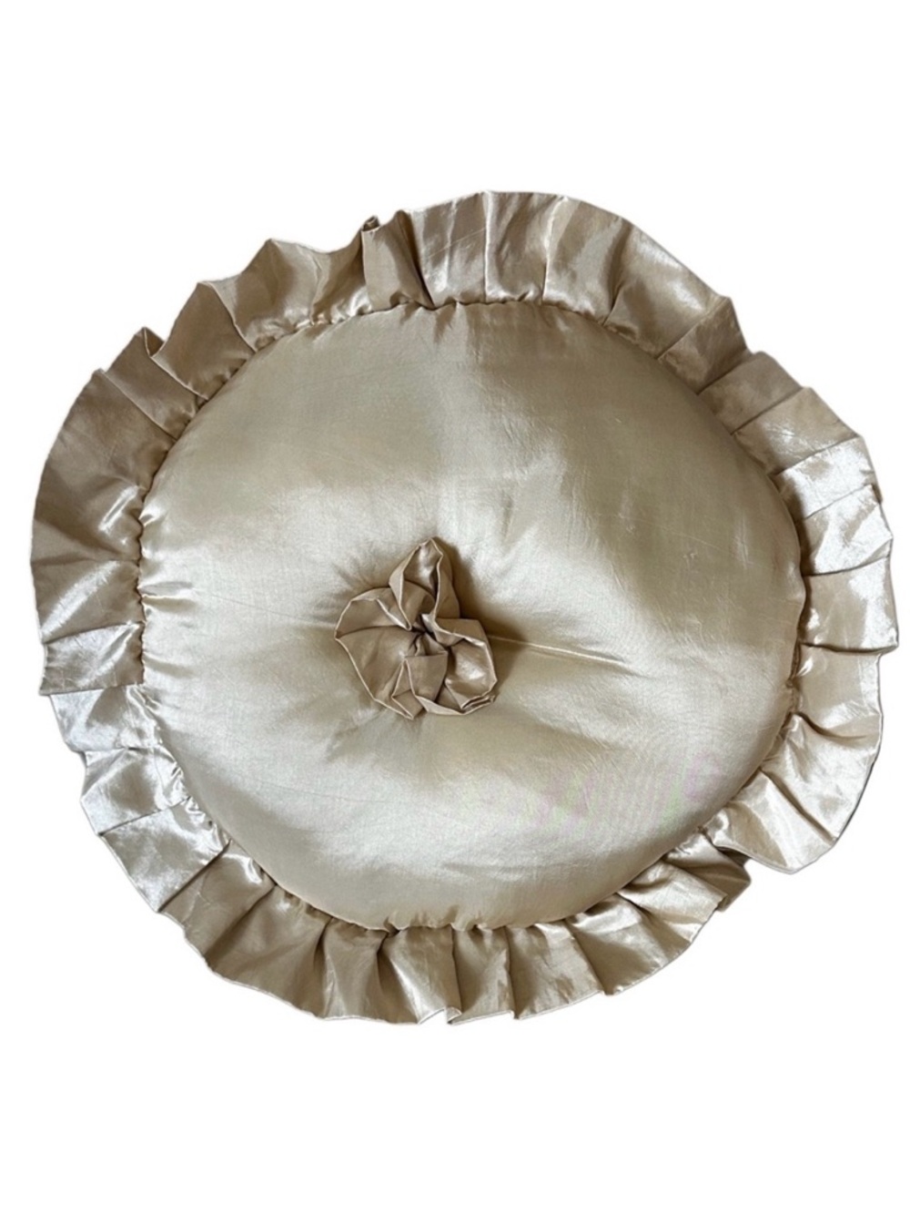 Vintage Round Ruffled Decorative Pillow in Champagne satin 21” across pretty